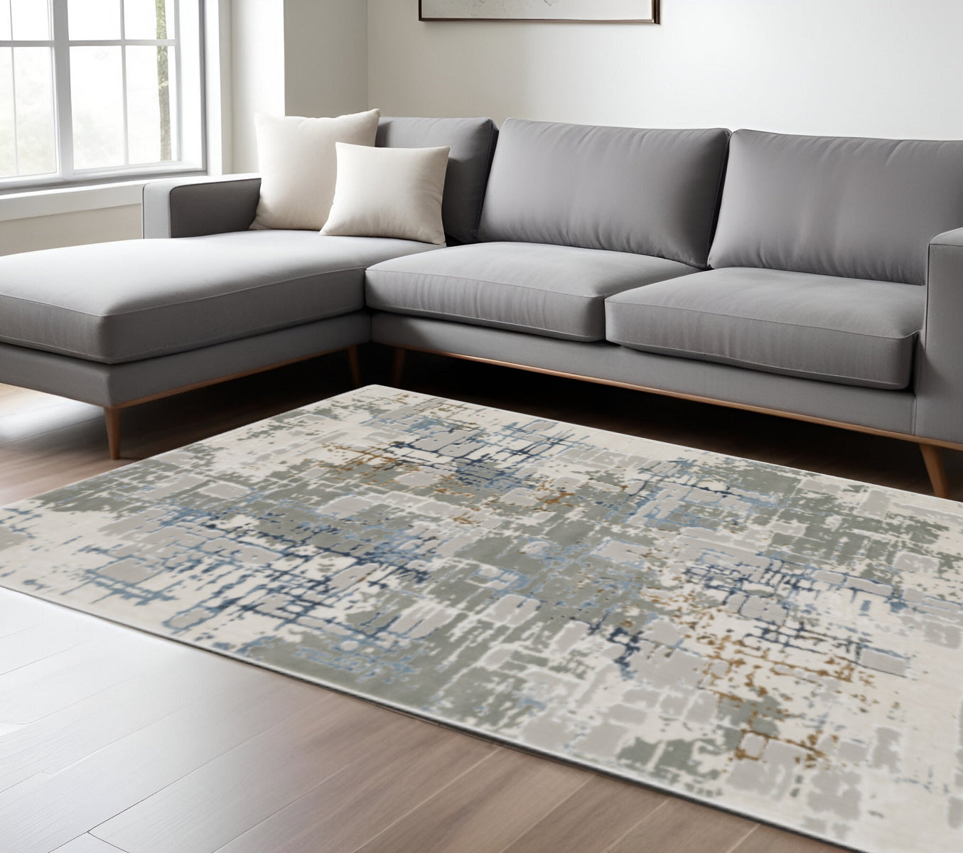 6' X 9' Grey Blue Brown Ivory And Deep Blue Abstract Power Loom Stain Resistant Area Rug - Home & Garden