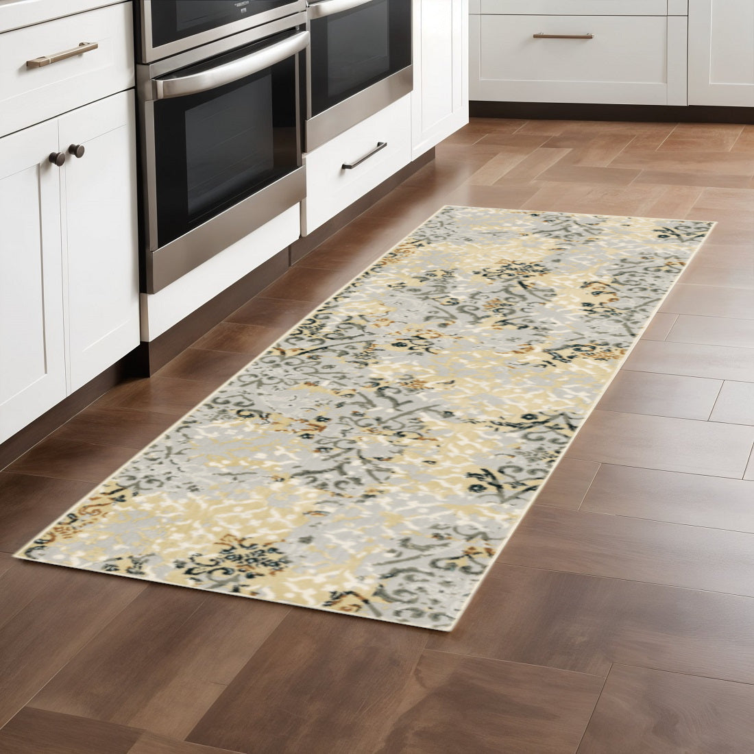 2' X 8' Grey And Gold Abstract Power Loom Stain Resistant Runner Rug - Home & Garden