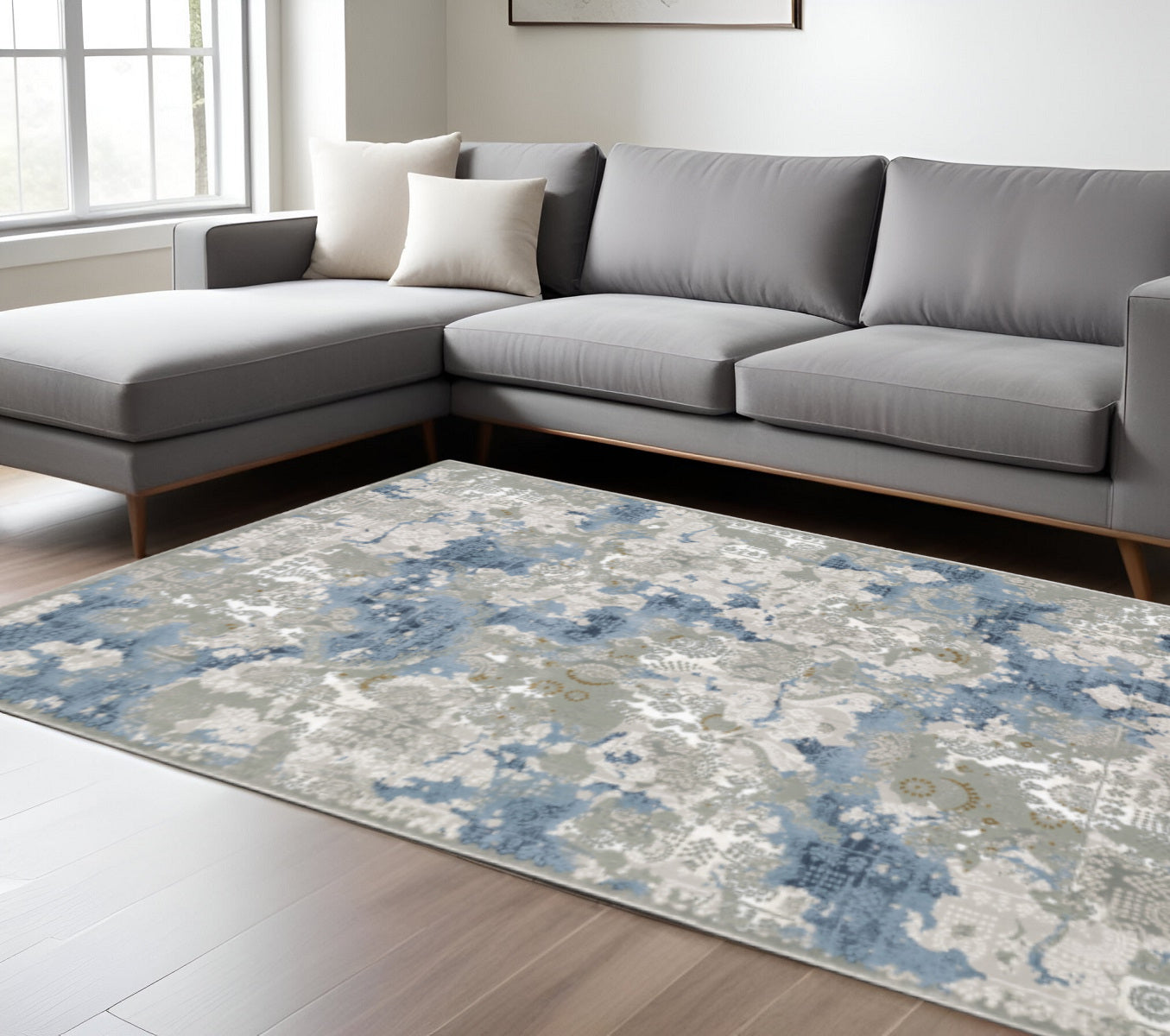 6' X 9' Grey Blue Ivory Navy Beige And Brown Abstract Power Loom Stain Resistant Area Rug - Home & Garden