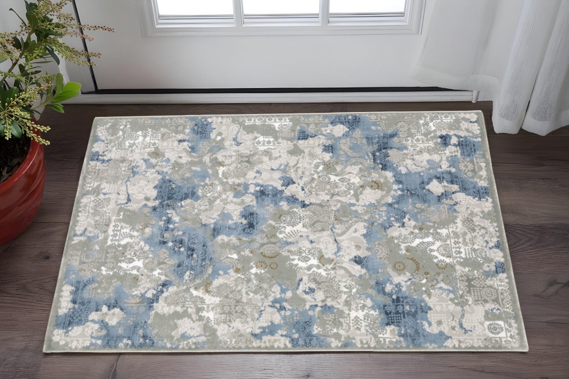 3' X 5' Grey Blue Ivory Navy Beige And Brown Abstract Power Loom Stain Resistant Area Rug - Home & Garden