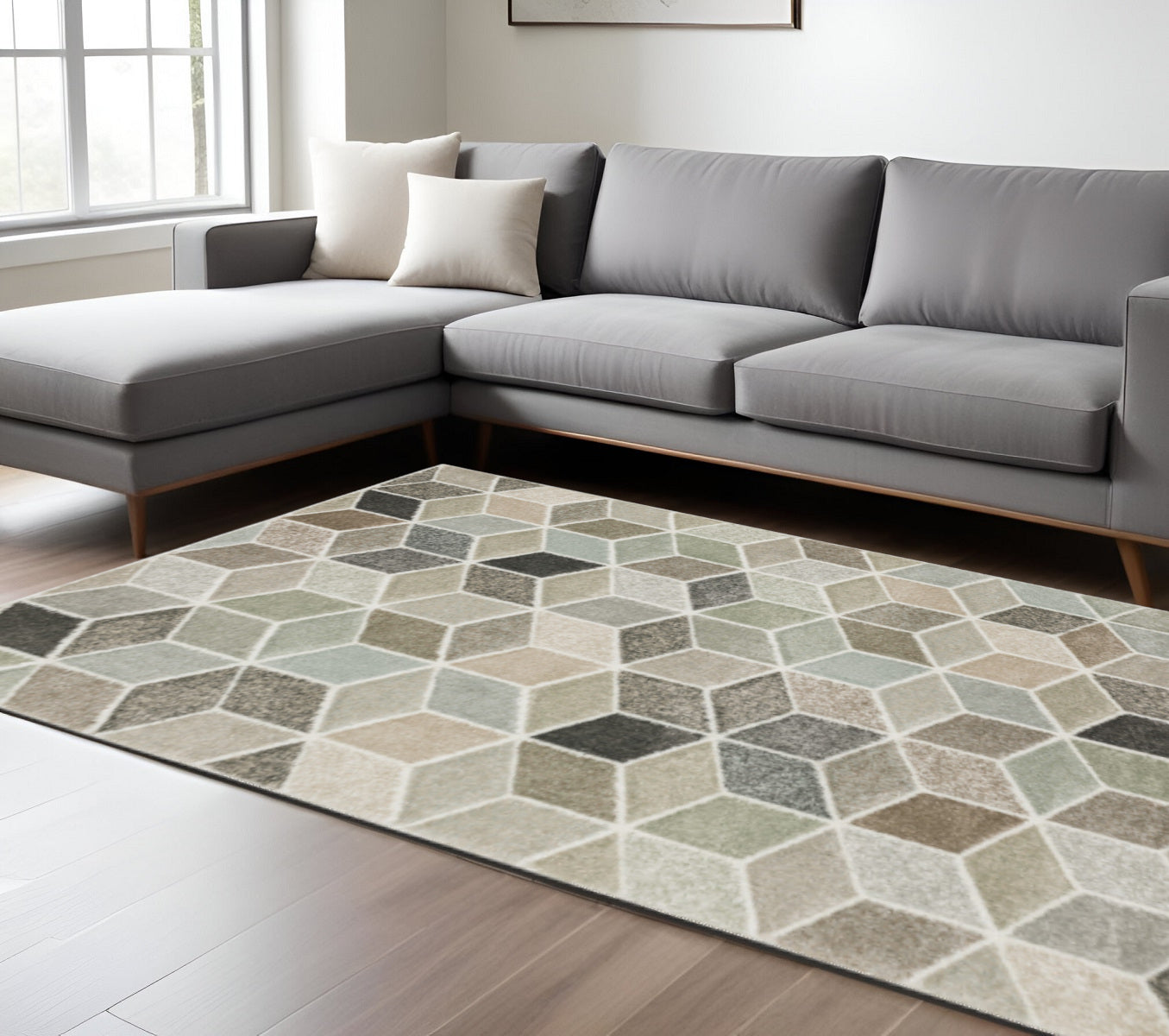 10' X 13' Beige Brown Grey Tan Sage And Pale Blue Geometric Power Loom Stain Resistant Area Rug - Home & Garden