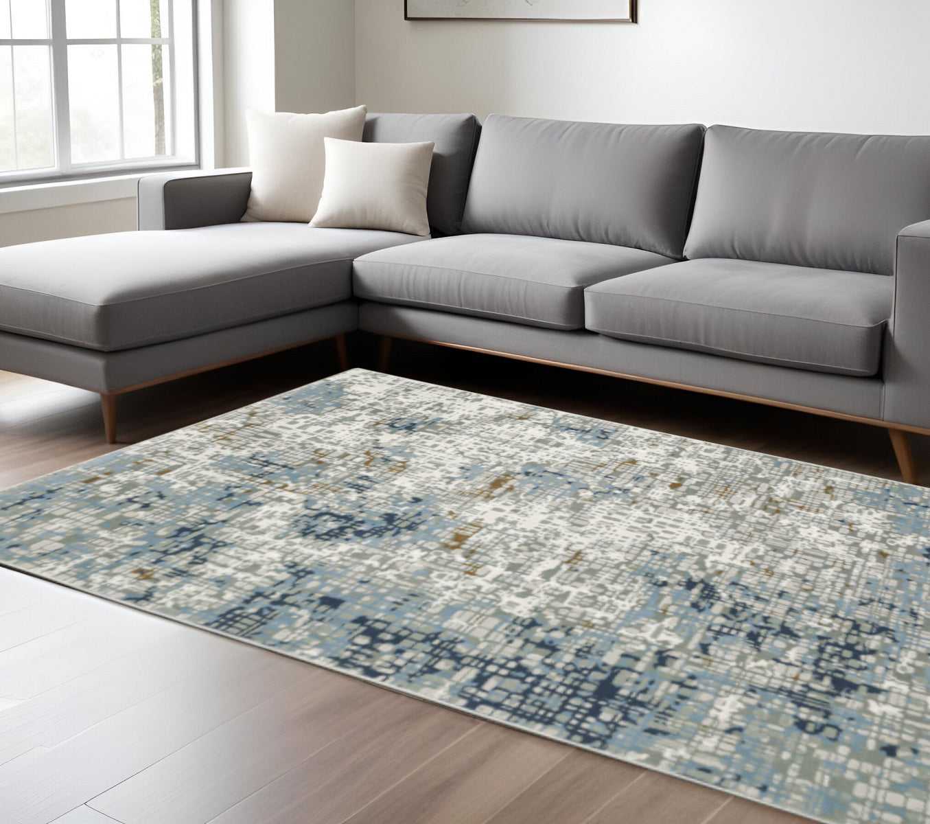 10' X 13' Blue Ivory Grey Brown Beige And Light Blue Abstract Power Loom Stain Resistant Area Rug - Home & Garden
