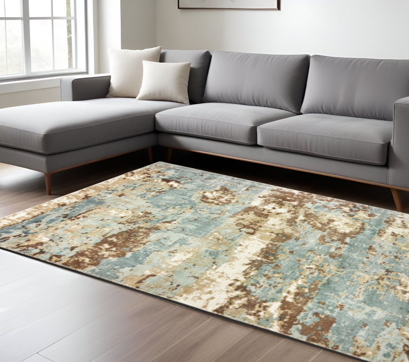 10' X 14' Blue And Brown Abstract Hand Loomed Stain Resistant Area Rug - Home & Garden