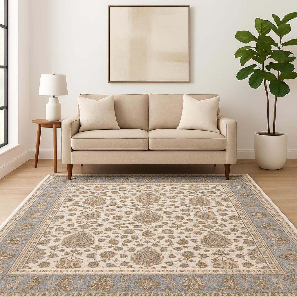 5' X 8' Ivory And Blue Oriental Power Loom Stain Resistant Area Rug With Fringe - Home & Garden