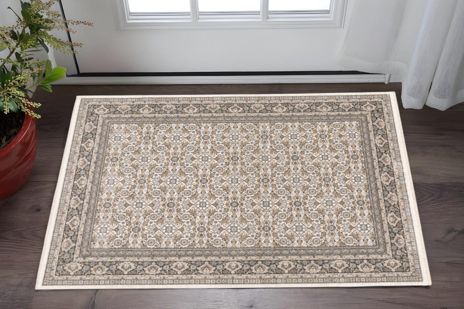 2' X 3' Ivory And Grey Oriental Power Loom Stain Resistant Area Rug With Fringe - Home & Garden