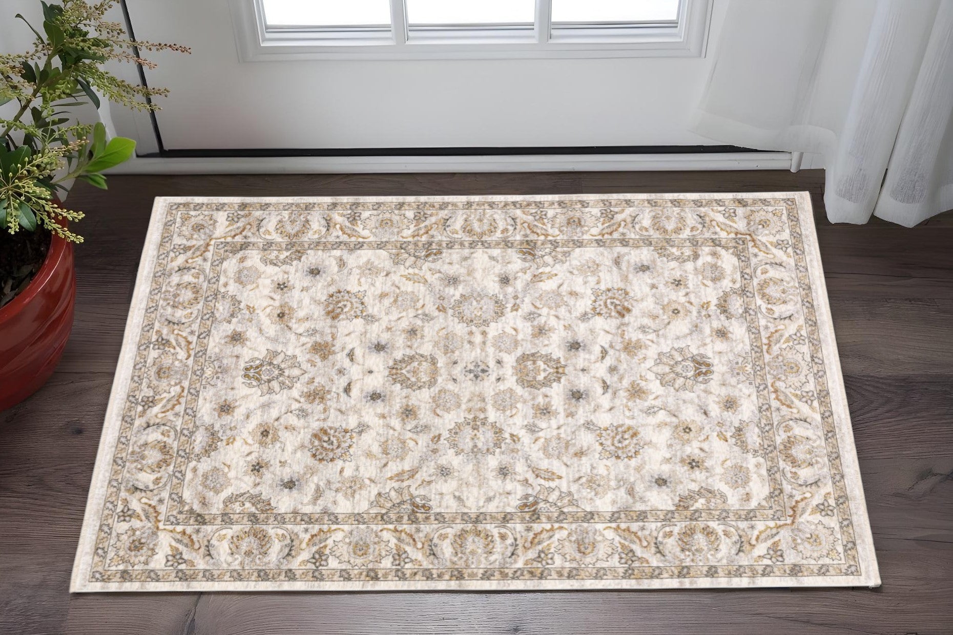 3' X 5' Ivory And Grey Oriental Power Loom Stain Resistant Area Rug With Fringe - Home & Garden