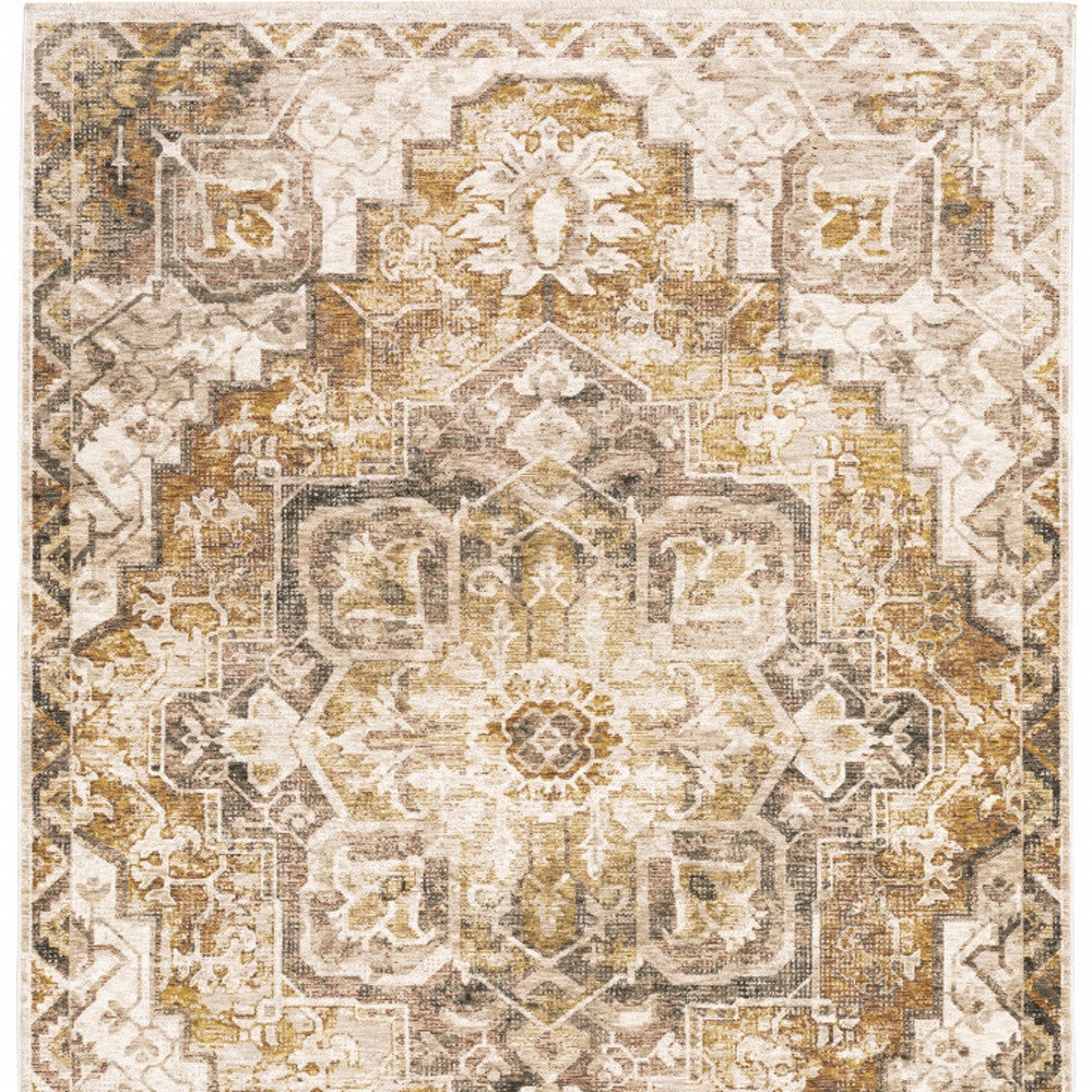 2' X 3' Gold And Brown Oriental Distressed Area Rug With Fringe - Home & Garden
