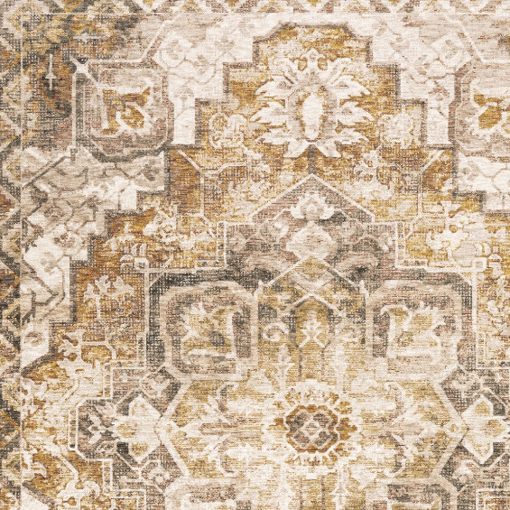 2' X 3' Gold And Brown Oriental Distressed Area Rug With Fringe - Home & Garden