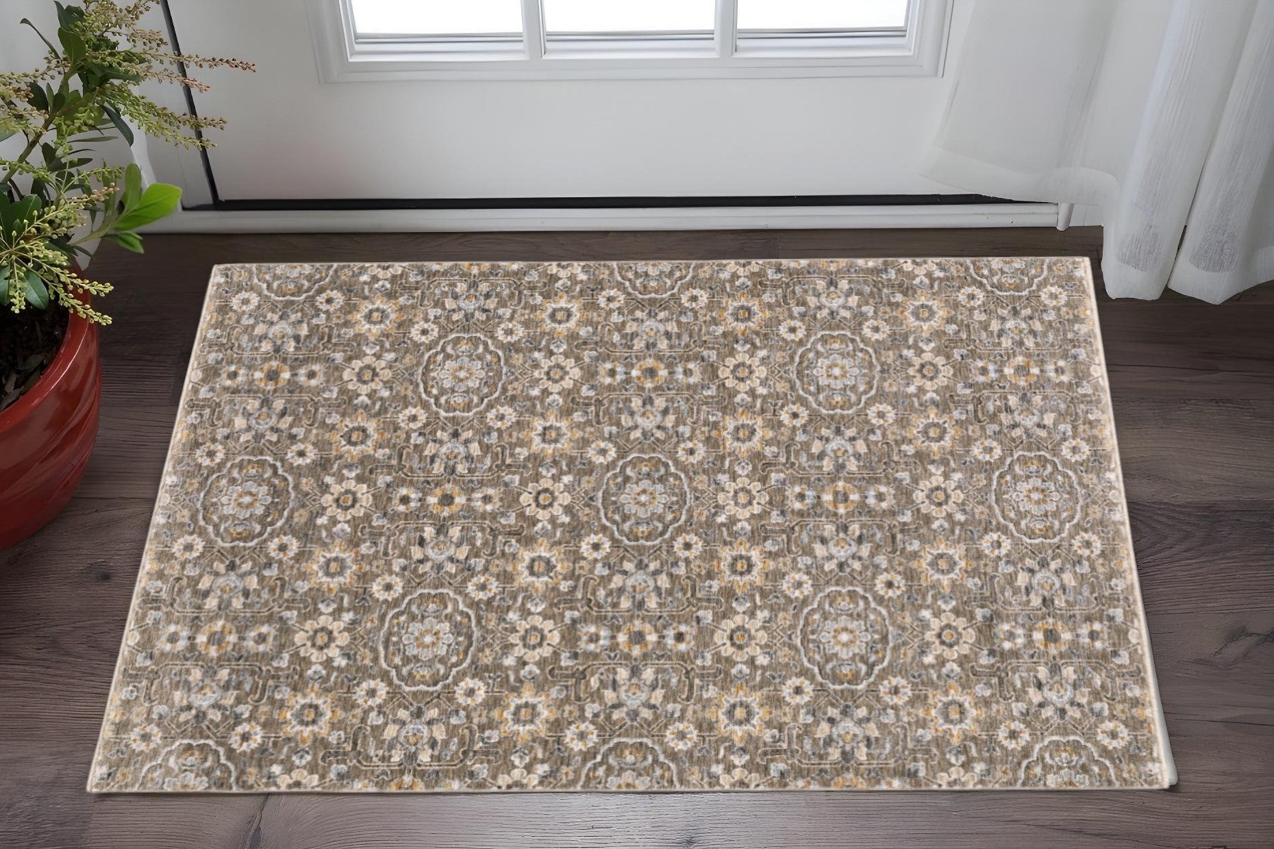 3' X 5' Grey And Tan Floral Power Loom Stain Resistant Area Rug With Fringe - Home & Garden