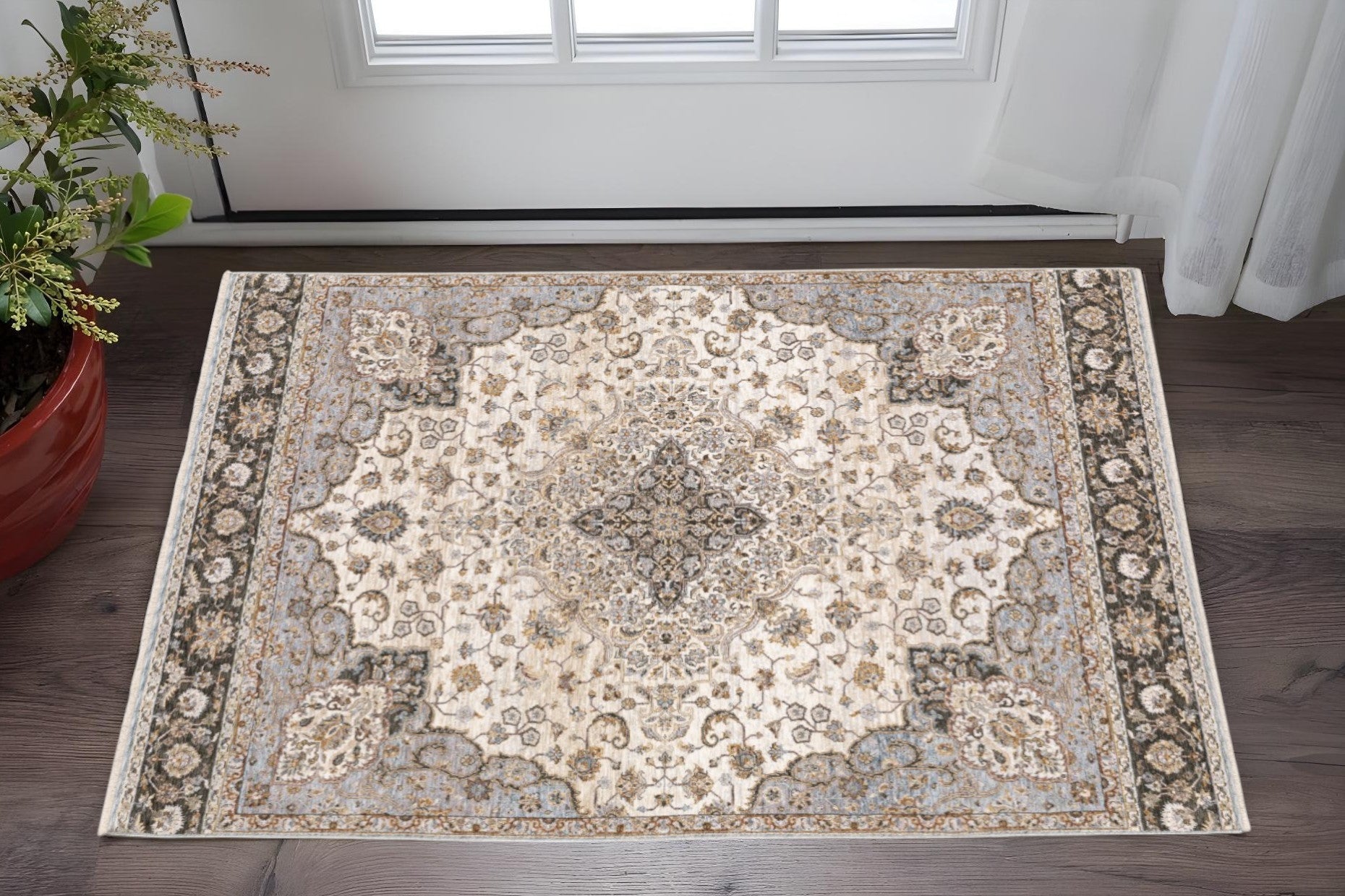 3' X 5' Ivory And Blue Oriental Power Loom Stain Resistant Area Rug With Fringe - Home & Garden