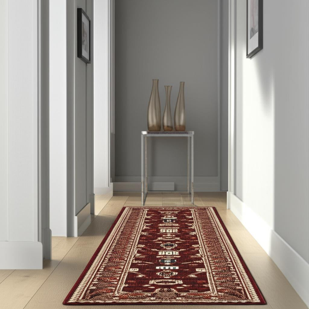 12' Red And Ivory Genuine Wool Oriental Runner Rug With Fringe - Home & Garden