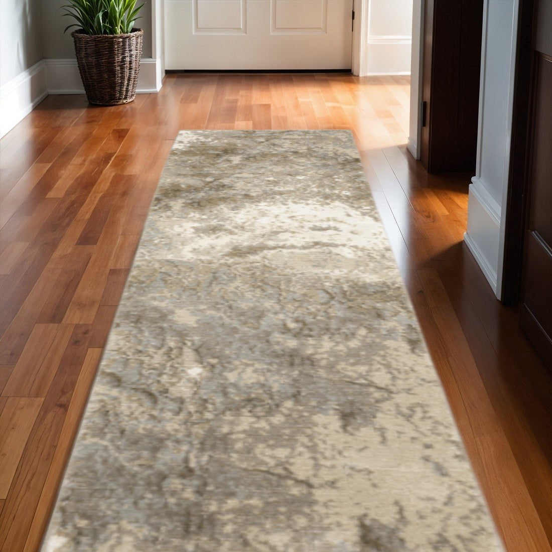 12' Gray Beige And Ivory Abstract Runner Rug - Home & Garden