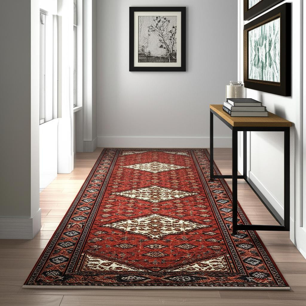 12' Blue And Red Genuine Wool Oriental Runner Rug With Fringe - Home & Garden
