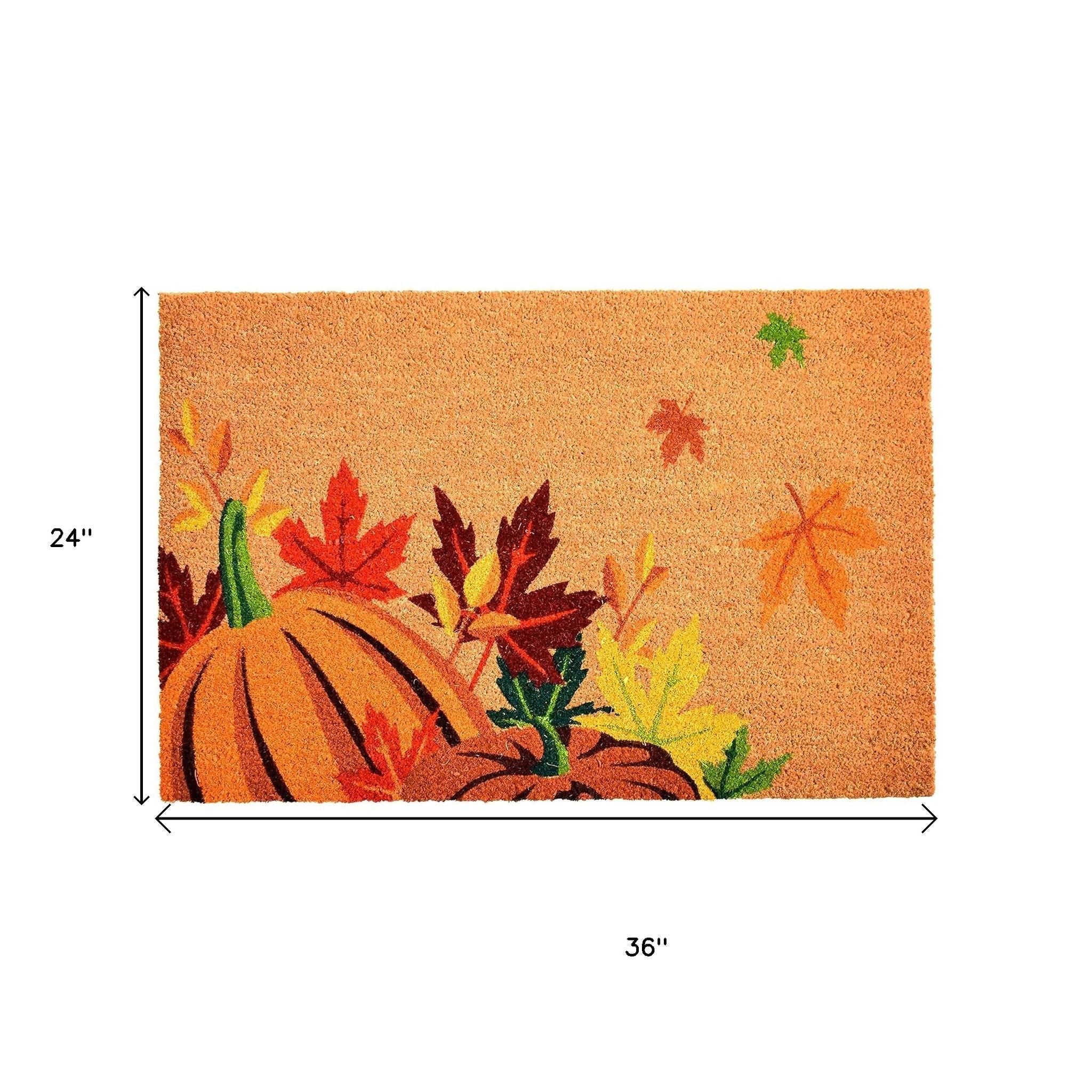 24" X 36" Brown And Natural Fall Pumpkins and Leaves Outdoor Coir Door Mat - Home & Garden