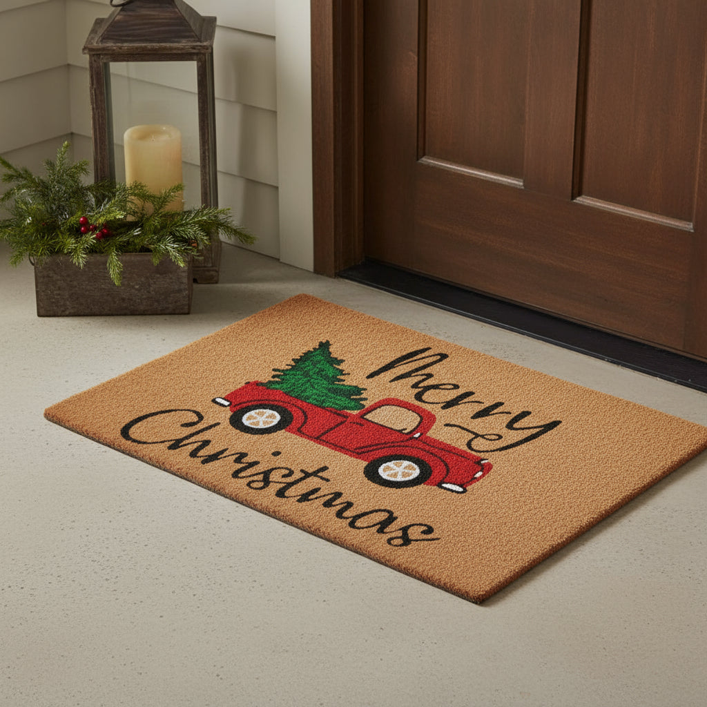 17" X 29" Brown Red And Green Christmas Merry Christmas Outdoor Coir Door Mat - Home & Garden