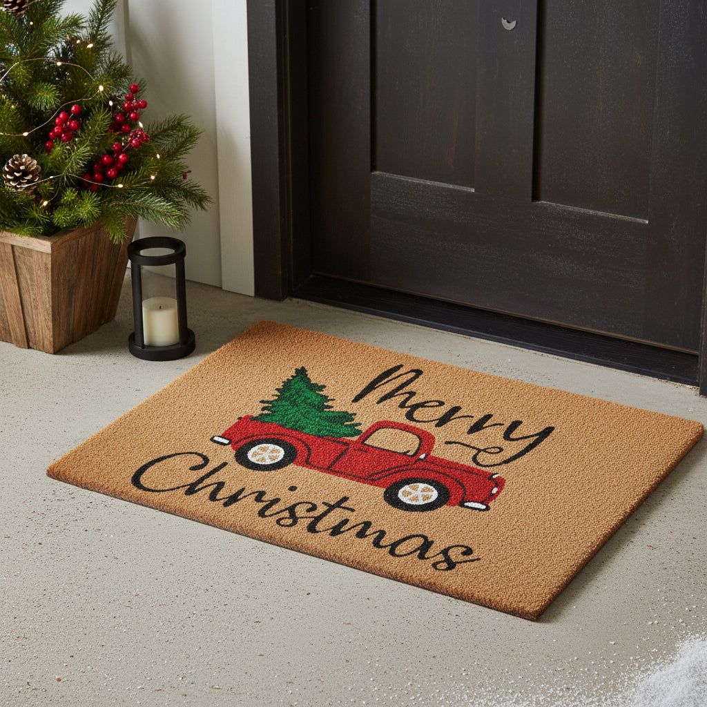 17" X 29" Brown Red And Green Christmas Merry Christmas Outdoor Coir Door Mat - Home & Garden