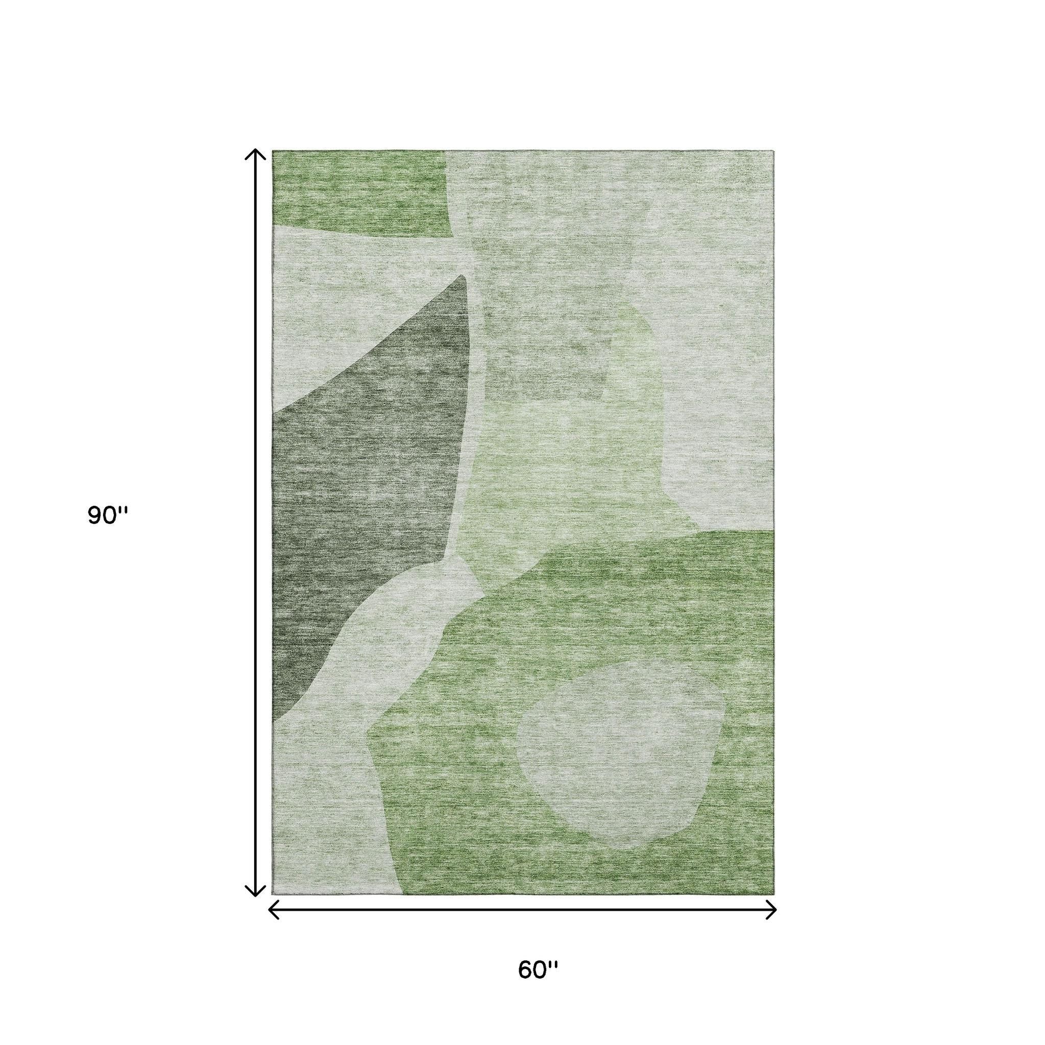 5' X 8' Artichoke Green And Ivory Abstract Washable Area Rug With UV Protection - Home & Garden