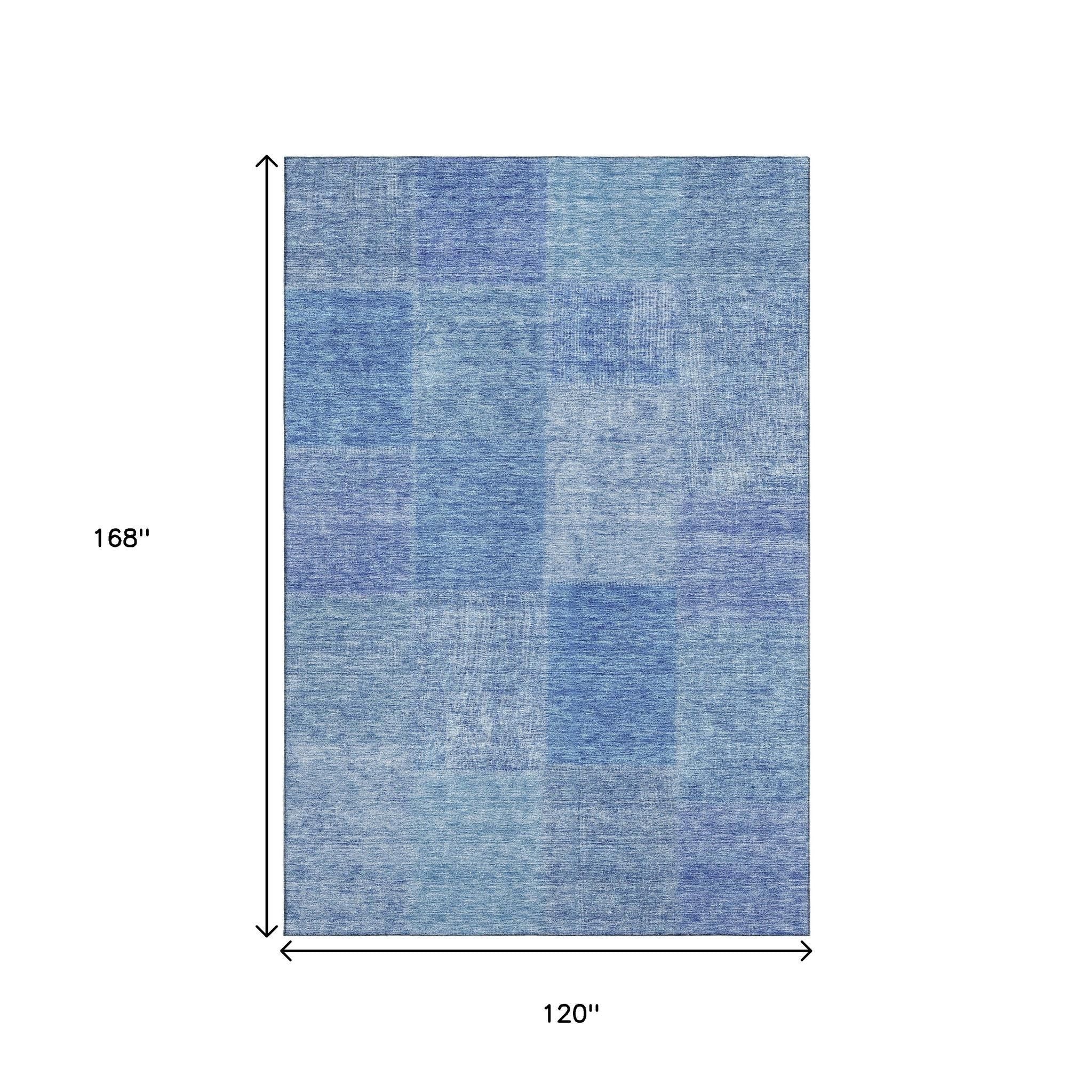 10' X 14' Denim Blue And Ivory Patchwork Washable Area Rug With UV Protection - Home & Garden