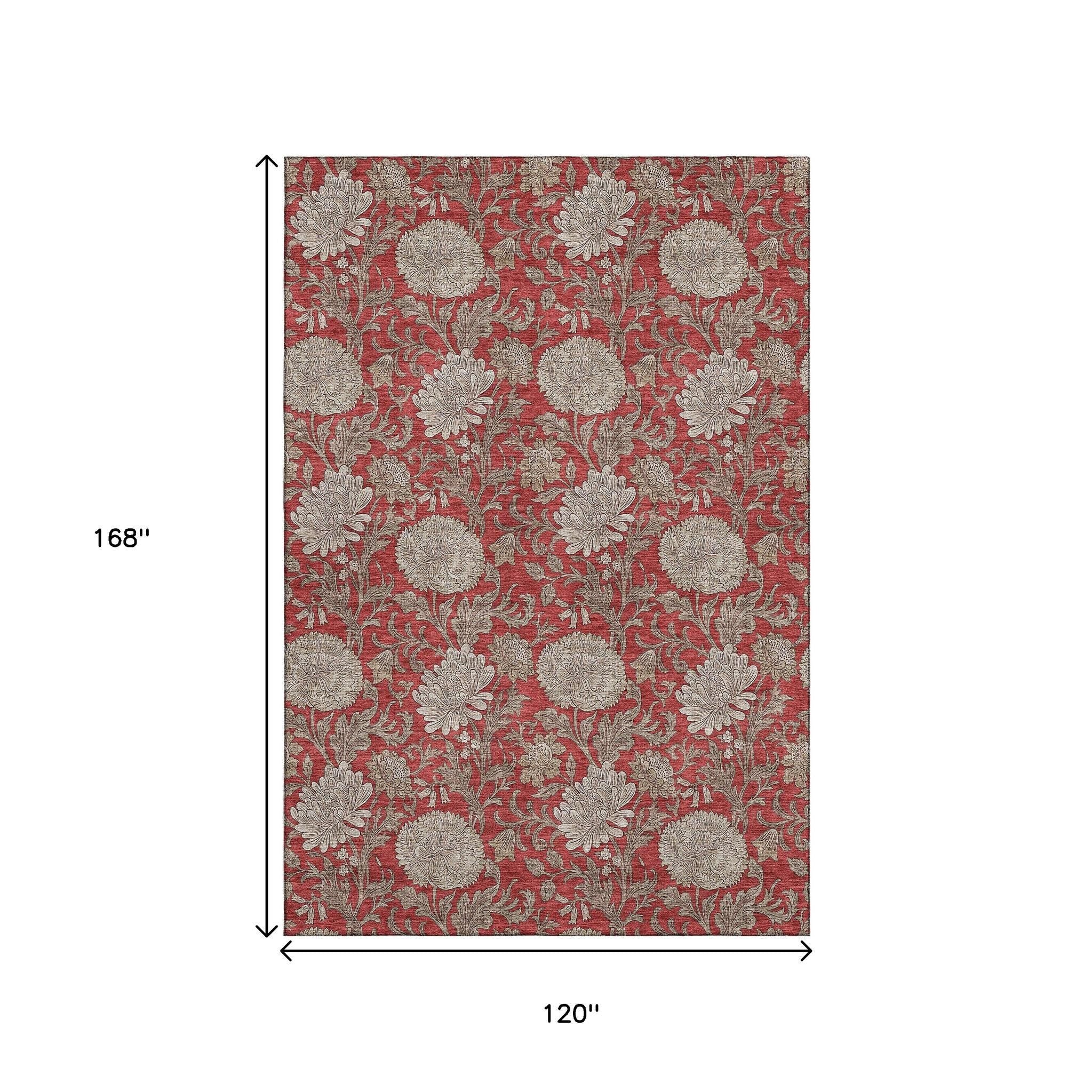 10' X 14' Red And Beige Floral Washable Area Rug With UV Protection - Home & Garden