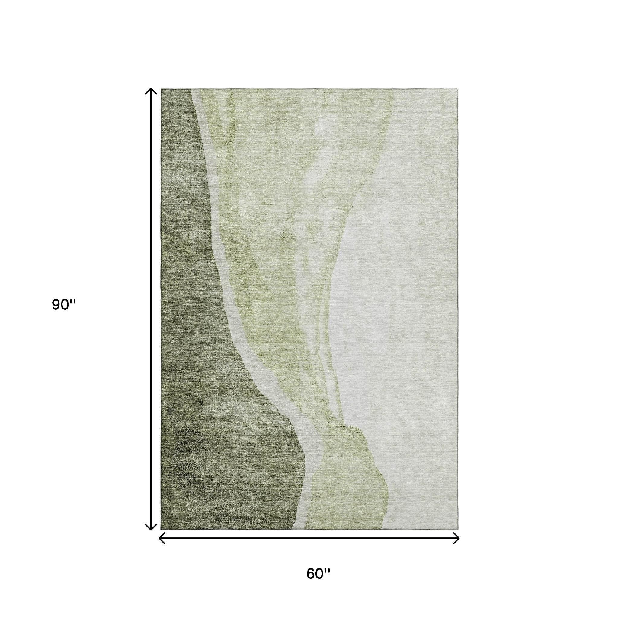 5' X 8' Olive Green And Ivory Abstract Washable Area Rug With UV Protection - Home & Garden