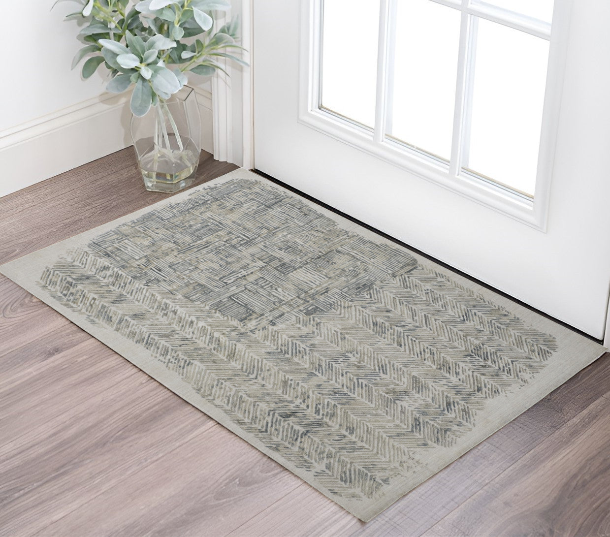 2' X 3' Green Blue And Ivory Abstract Hand Woven Area Rug - Home & Garden