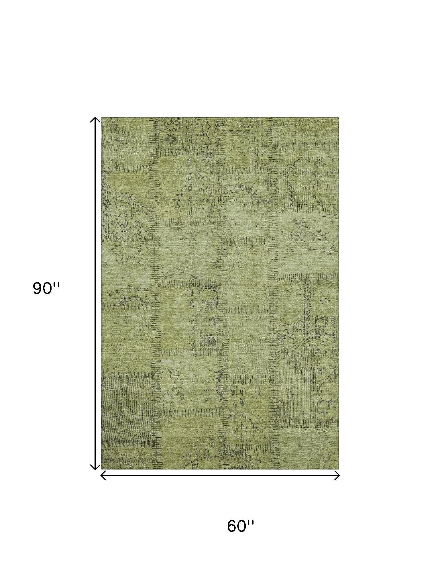 5' X 8' Fern Green And Gray Patchwork Washable Area Rug With UV Protection - Home & Garden