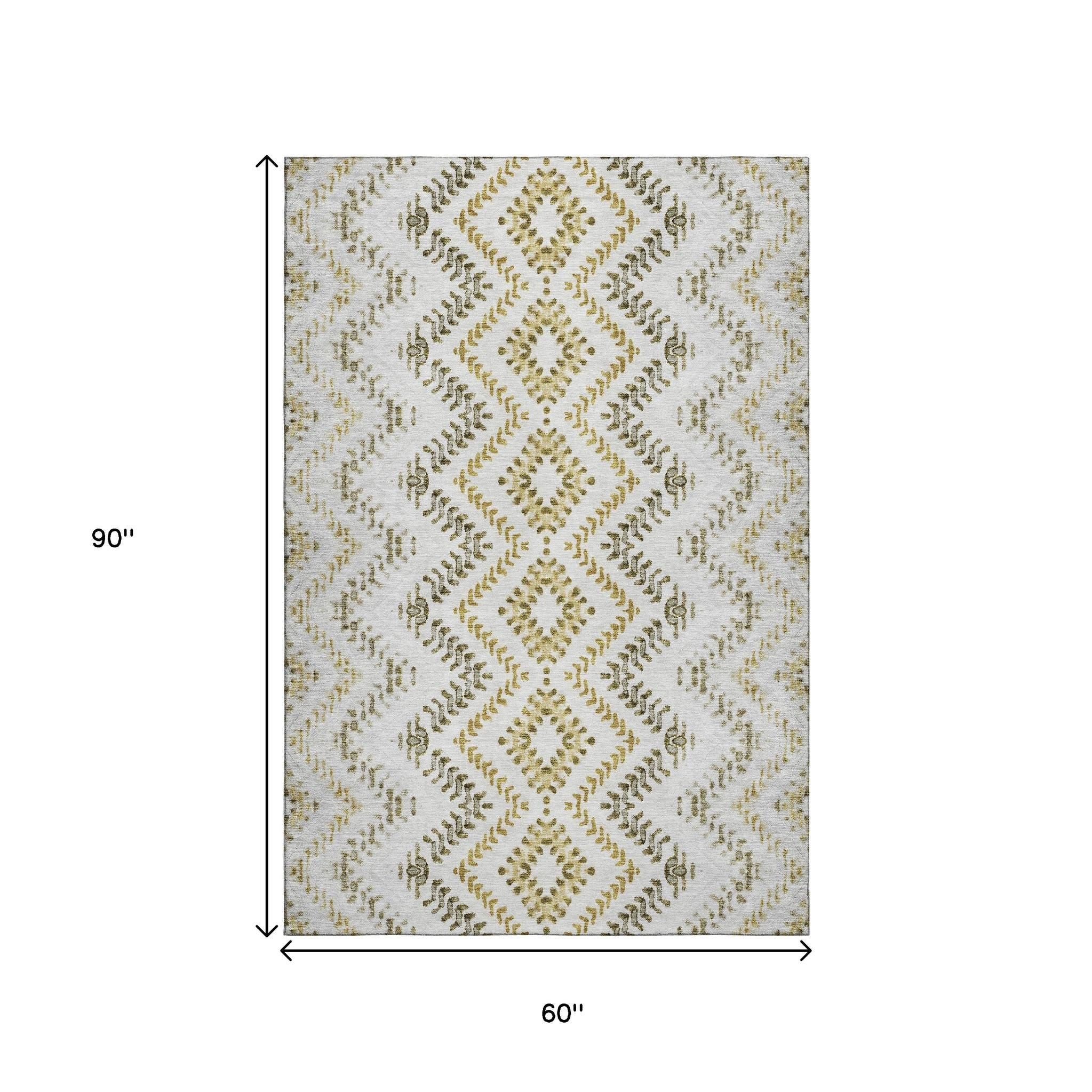 5' X 8' Taupe Ivory And Gold Geometric Washable Area Rug With UV Protection - Home & Garden
