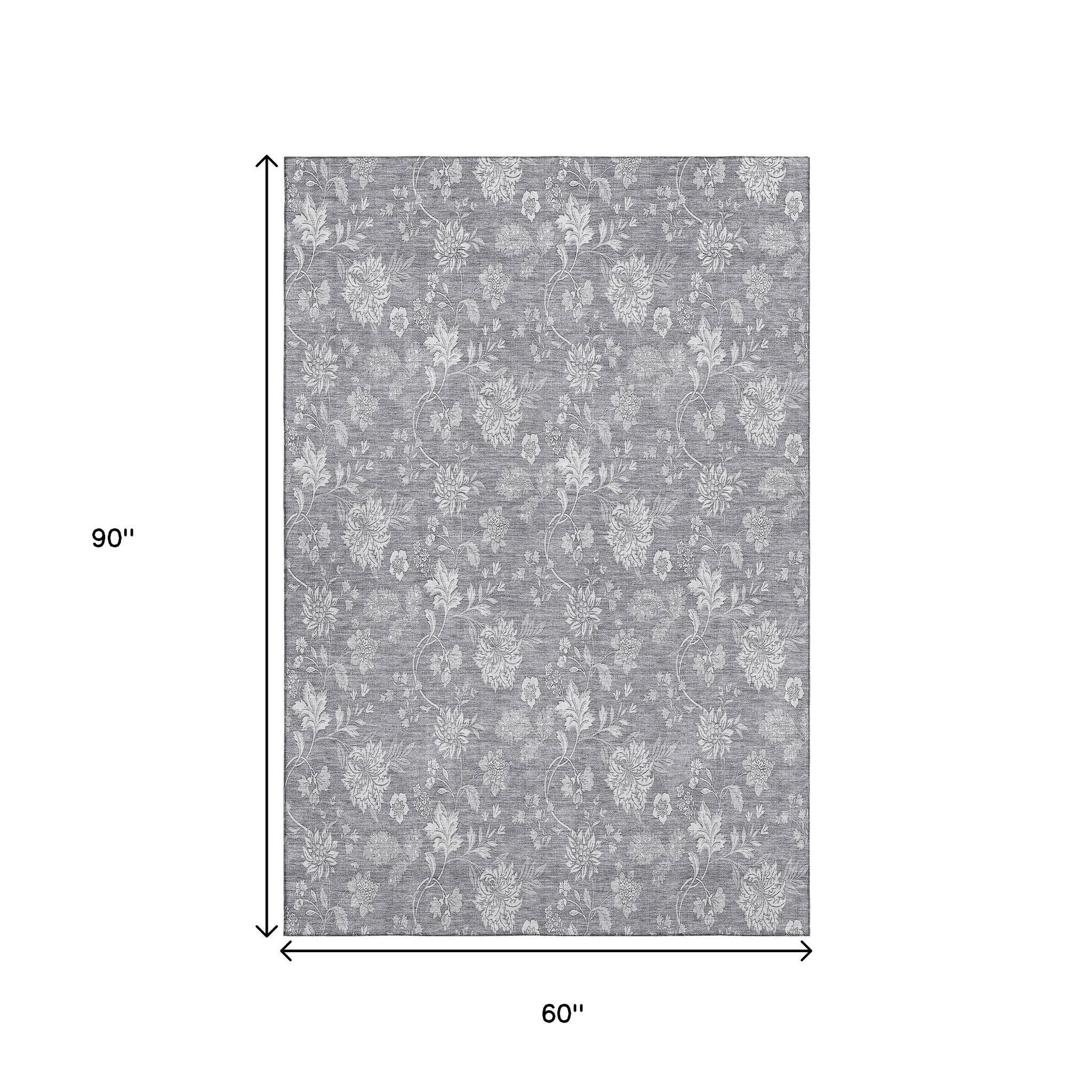 5' X 8' Gray And Ivory Floral Washable Area Rug With UV Protection - Home & Garden