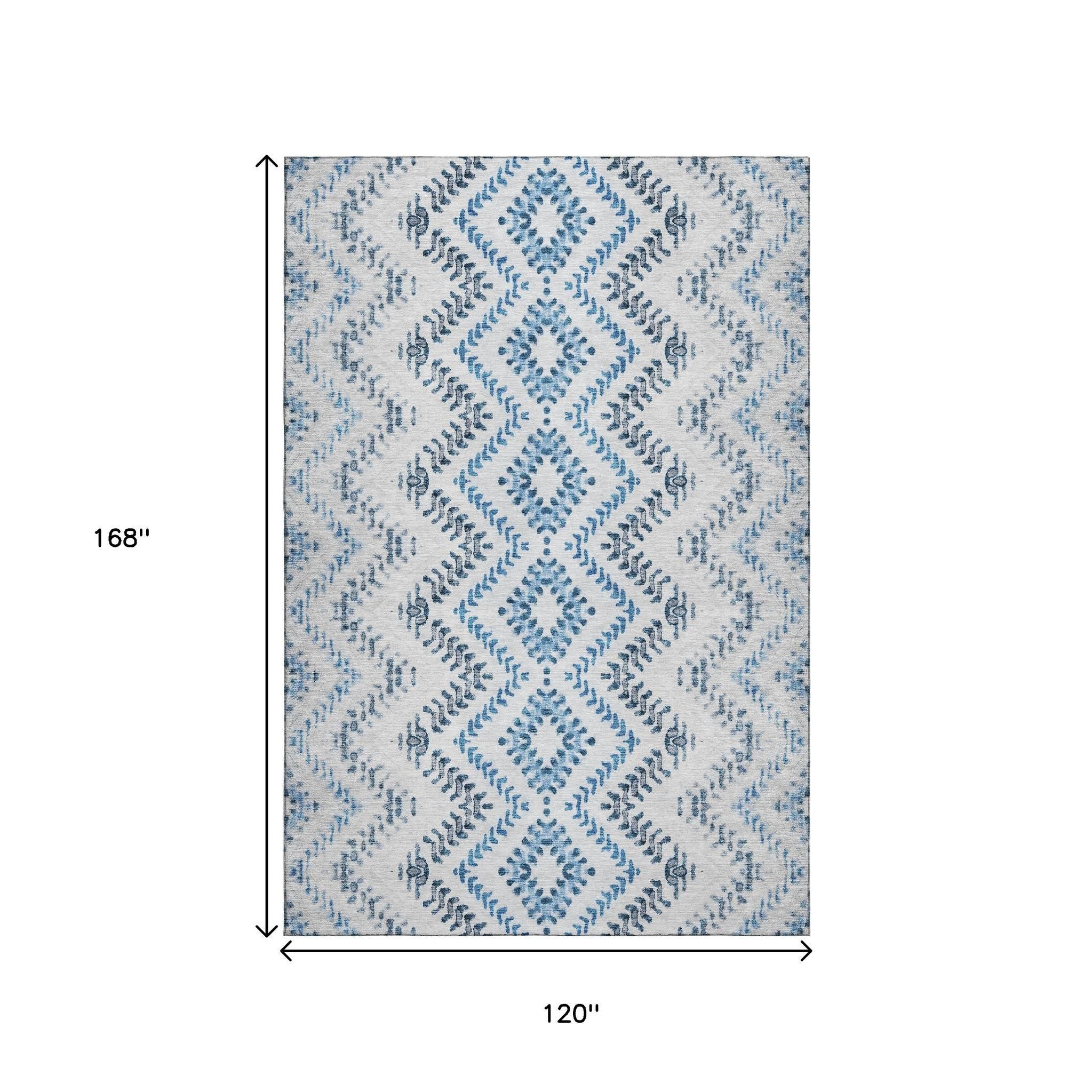 10' X 14' Blue And Ivory Geometric Washable Area Rug With UV Protection - Home & Garden