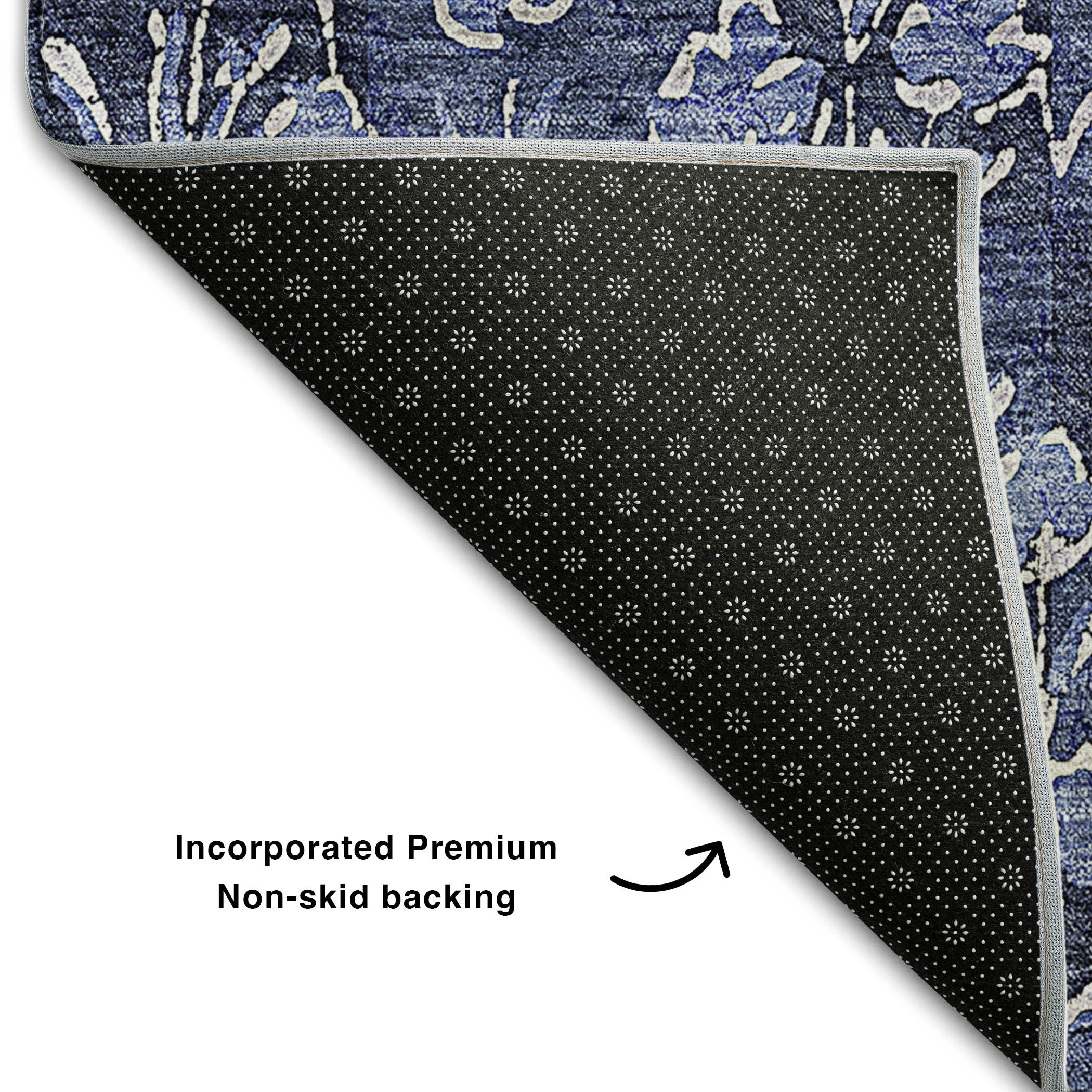 10' X 14' Navy Blue And Ivory Floral Washable Area Rug With UV Protection - Home & Garden