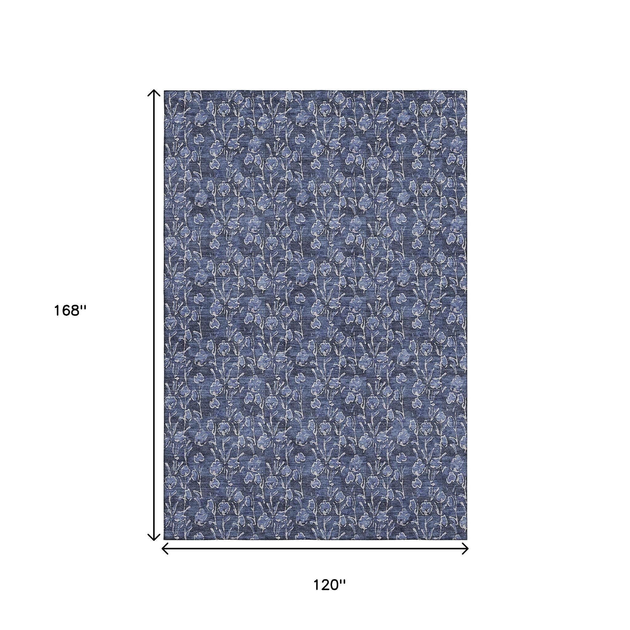 10' X 14' Navy Blue And Ivory Floral Washable Area Rug With UV Protection - Home & Garden