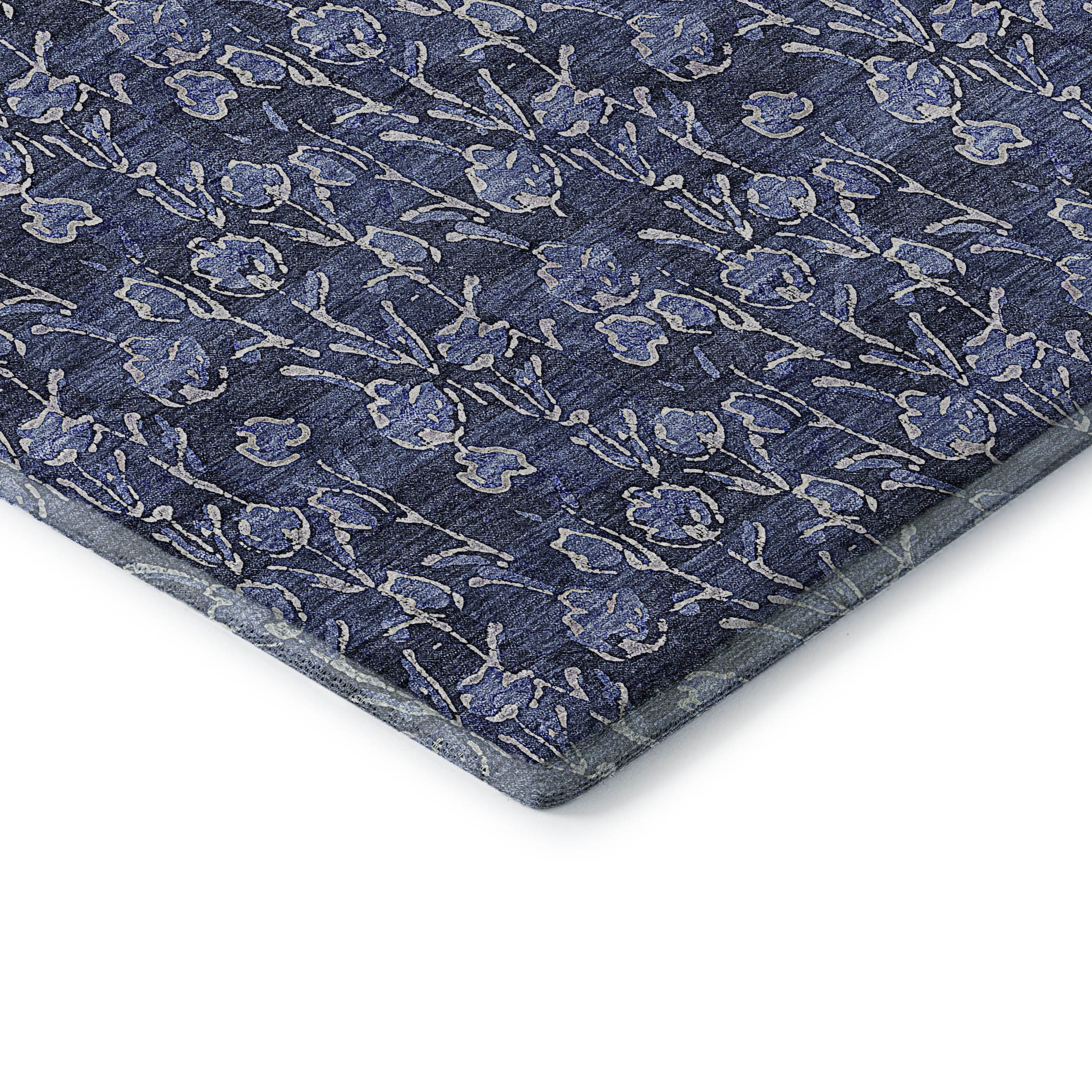 10' X 14' Navy Blue And Ivory Floral Washable Area Rug With UV Protection - Home & Garden
