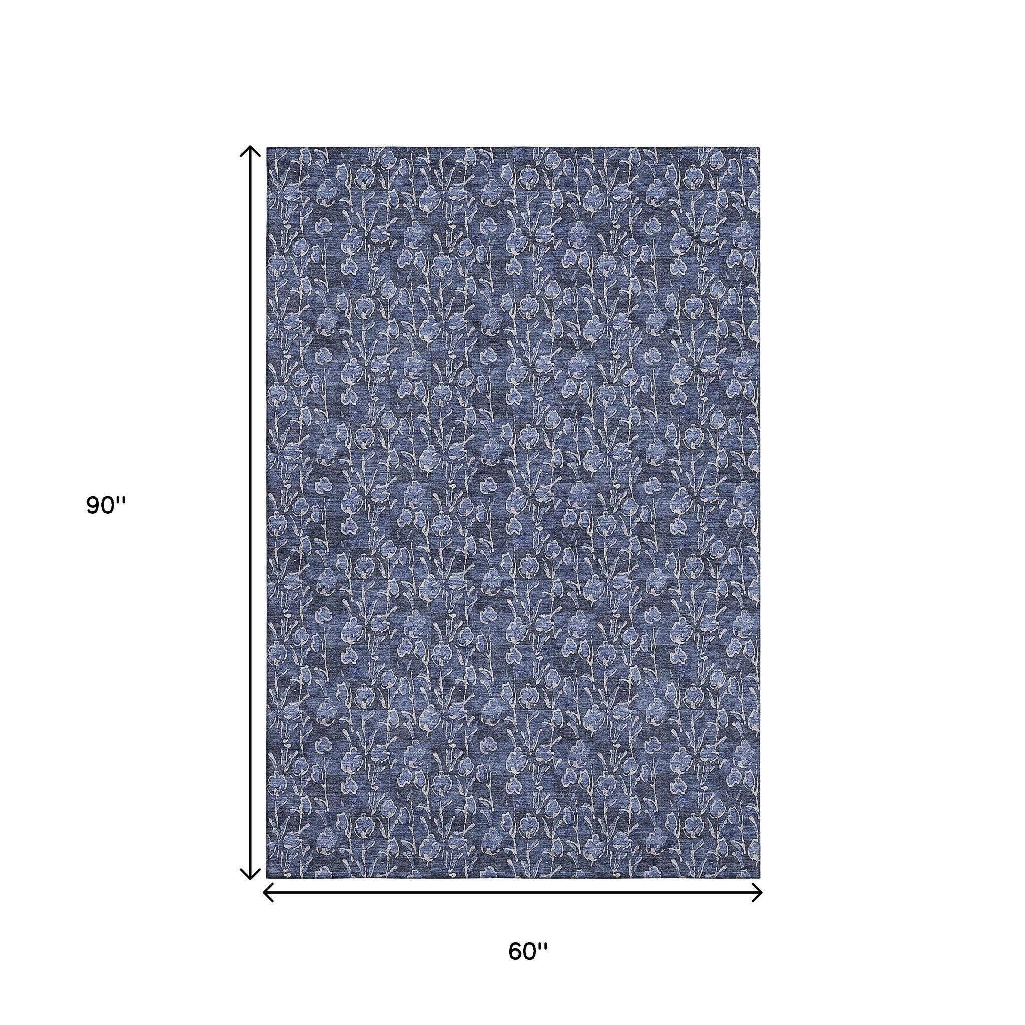 5' X 8' Navy Blue And Ivory Floral Washable Area Rug With UV Protection - Home & Garden