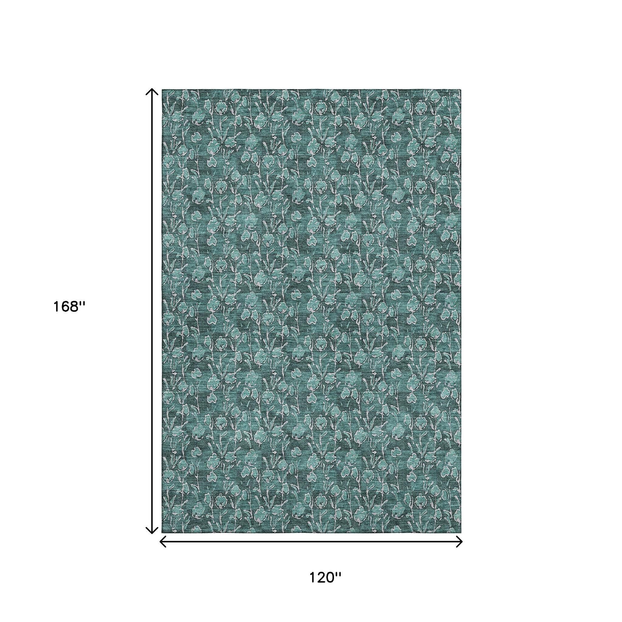 10' X 14' Teal And Ivory Floral Washable Area Rug With UV Protection - Home & Garden