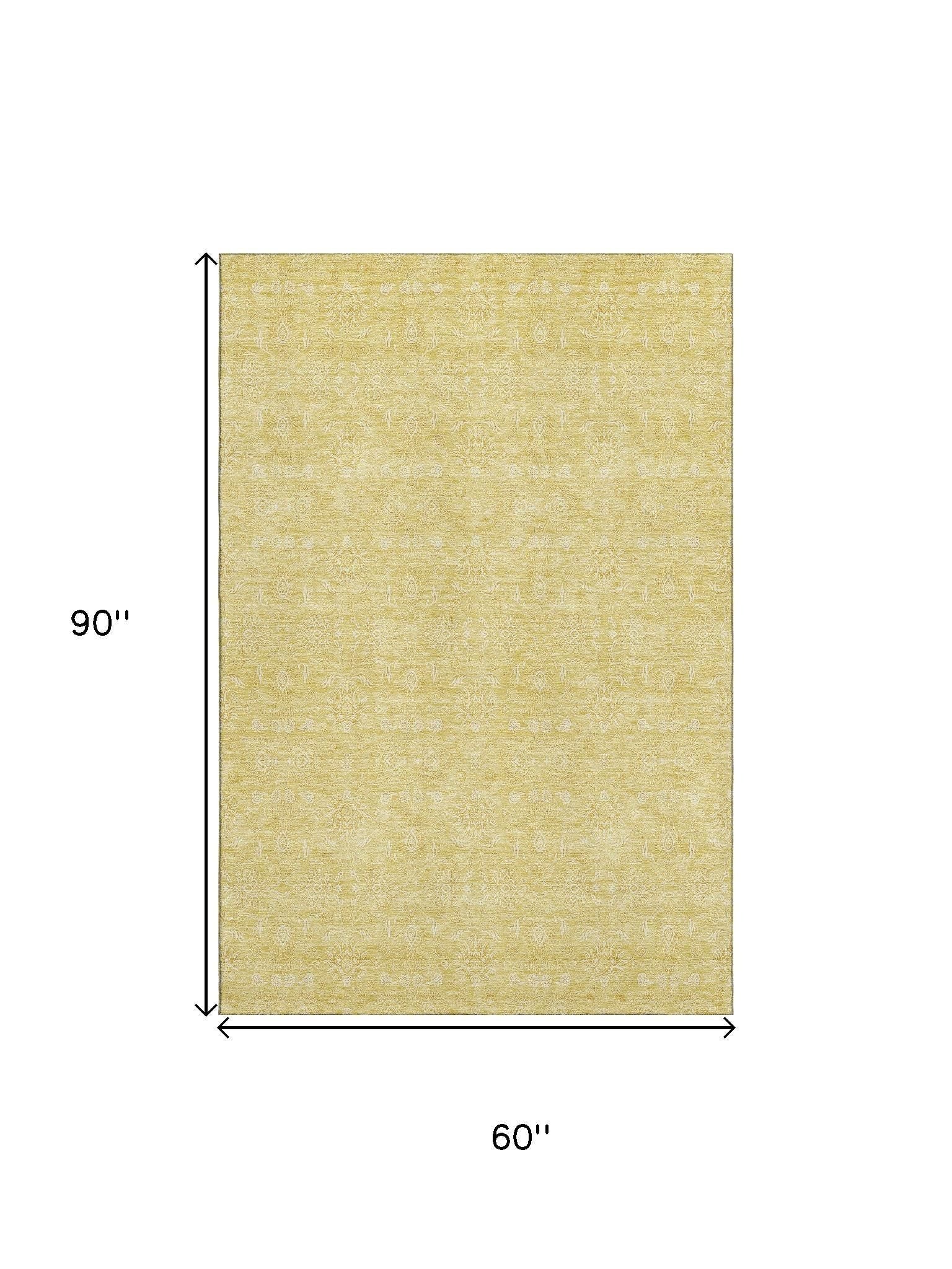 5' X 8' Amber And Ivory Floral Washable Area Rug With UV Protection - Home & Garden