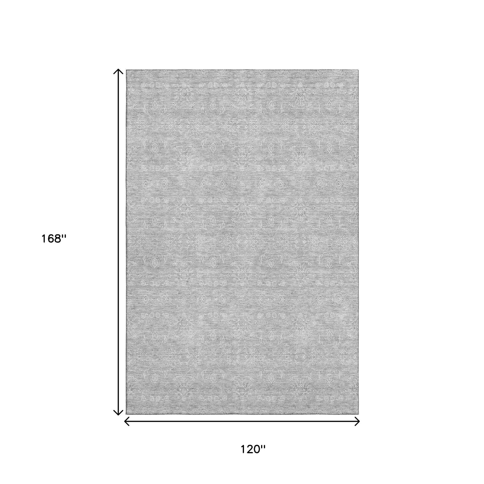 10' X 14' Silver And Gray Floral Washable Area Rug With UV Protection - Home & Garden