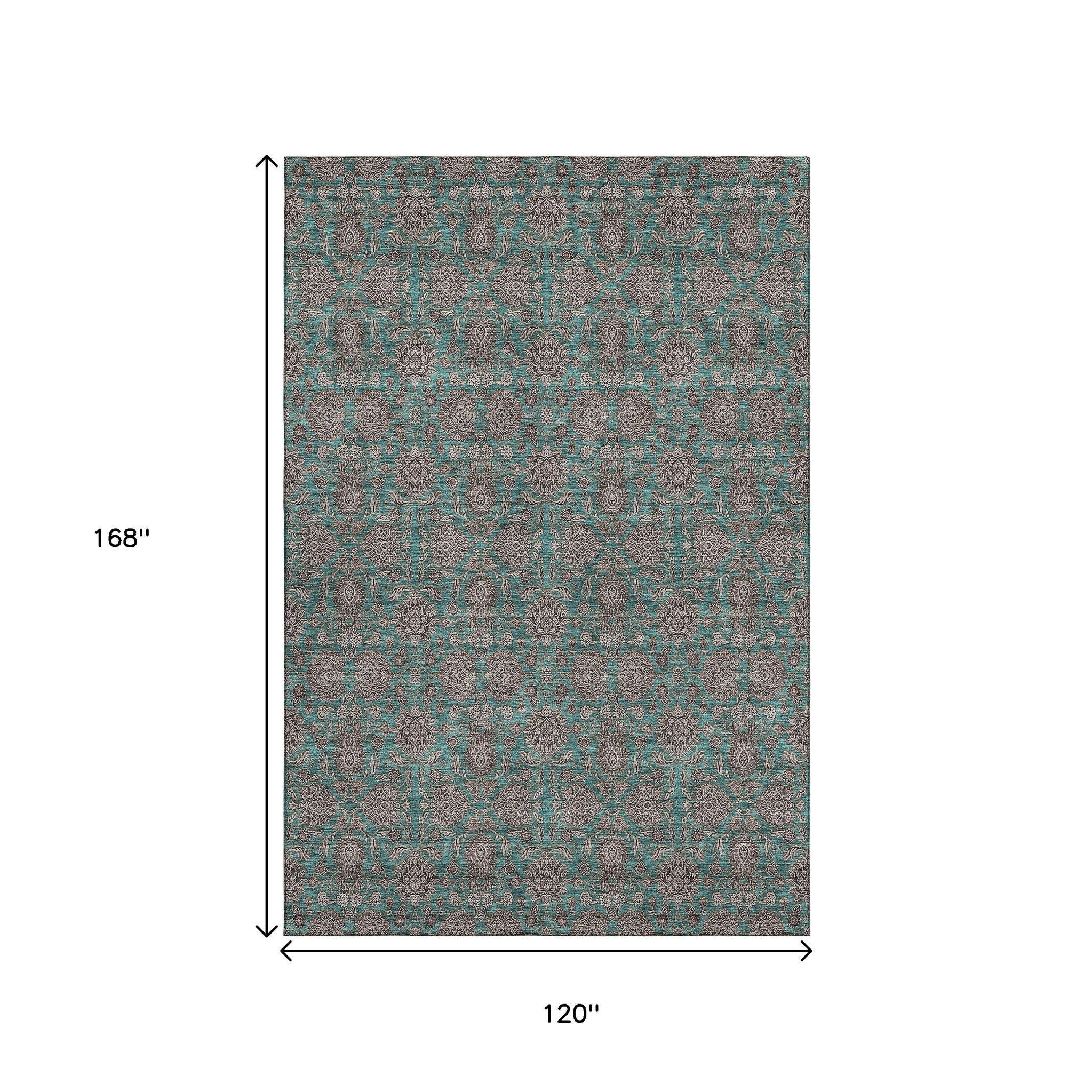 10' X 14' Teal And Beige Floral Washable Area Rug With UV Protection - Home & Garden