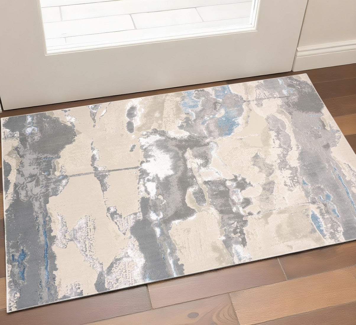 2' X 3' Gray Ivory And Blue Abstract Area Rug - Home & Garden