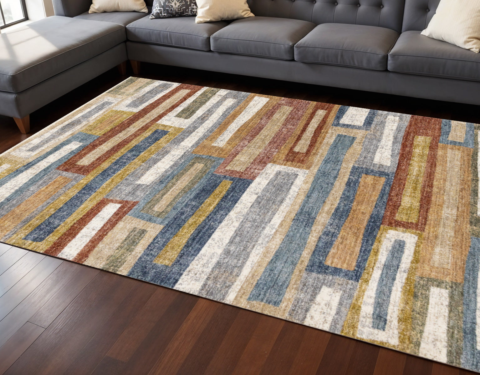 8' X 10' Orange Blue And Beige Geometric Area Rug - Home & Garden