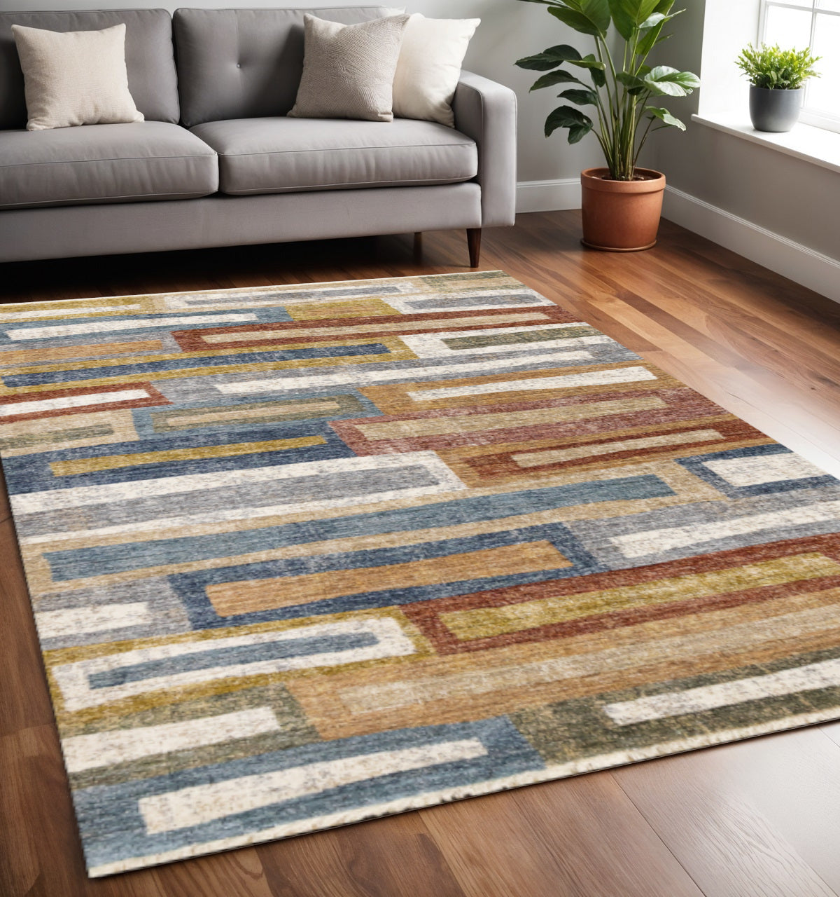 5' X 8' Orange Blue And Beige Geometric Area Rug - Home & Garden