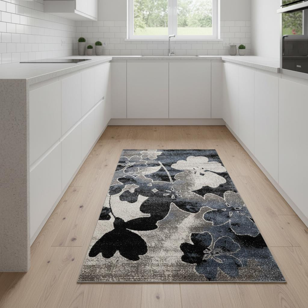 8' Blue Cream And Black Botanical Leaves Runner Rug - Home & Garden