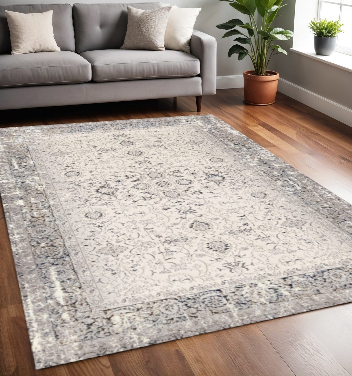 5' X 8' Cream Blue And Gray Medallion Area Rug - Home & Garden