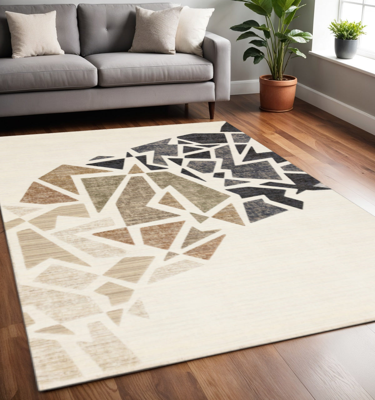 5' X 8' Cream Black And Tan Abstract Area Rug - Home & Garden