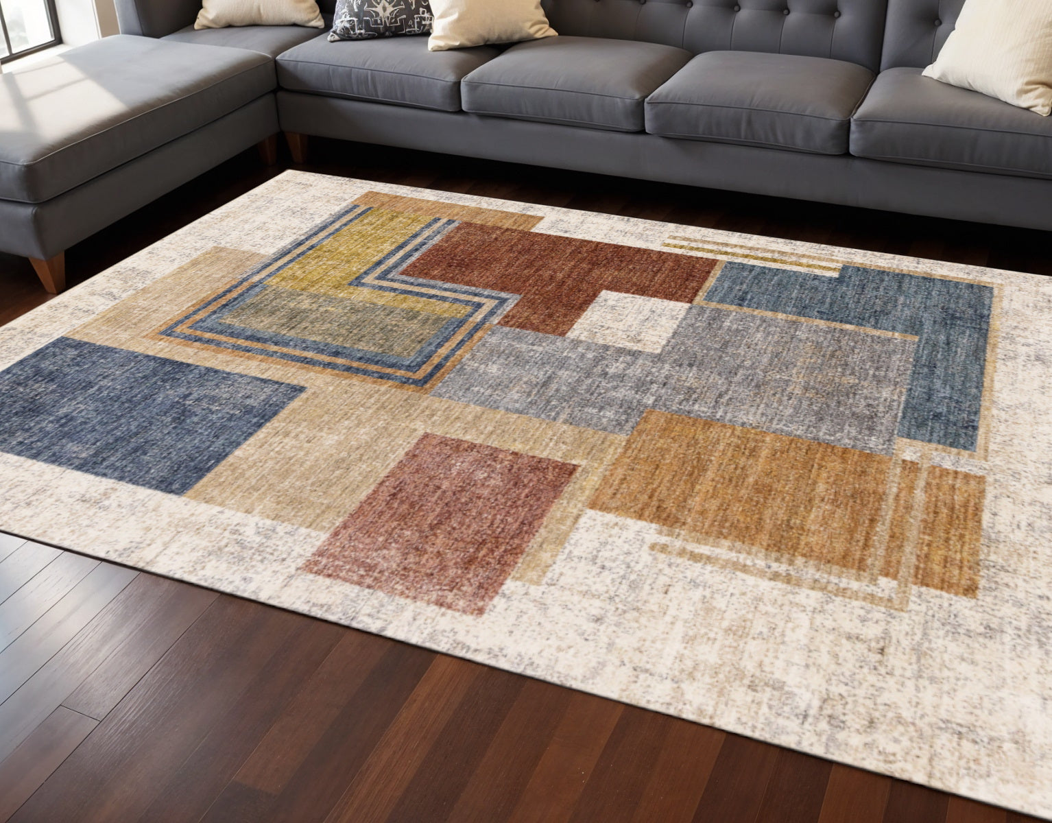 8' X 10' Cream Blue And Brown Geometric Area Rug - Home & Garden