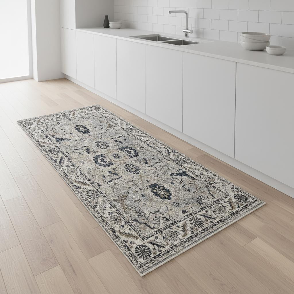 8' Beige Gray And Black Medallion Runner Rug - Home & Garden