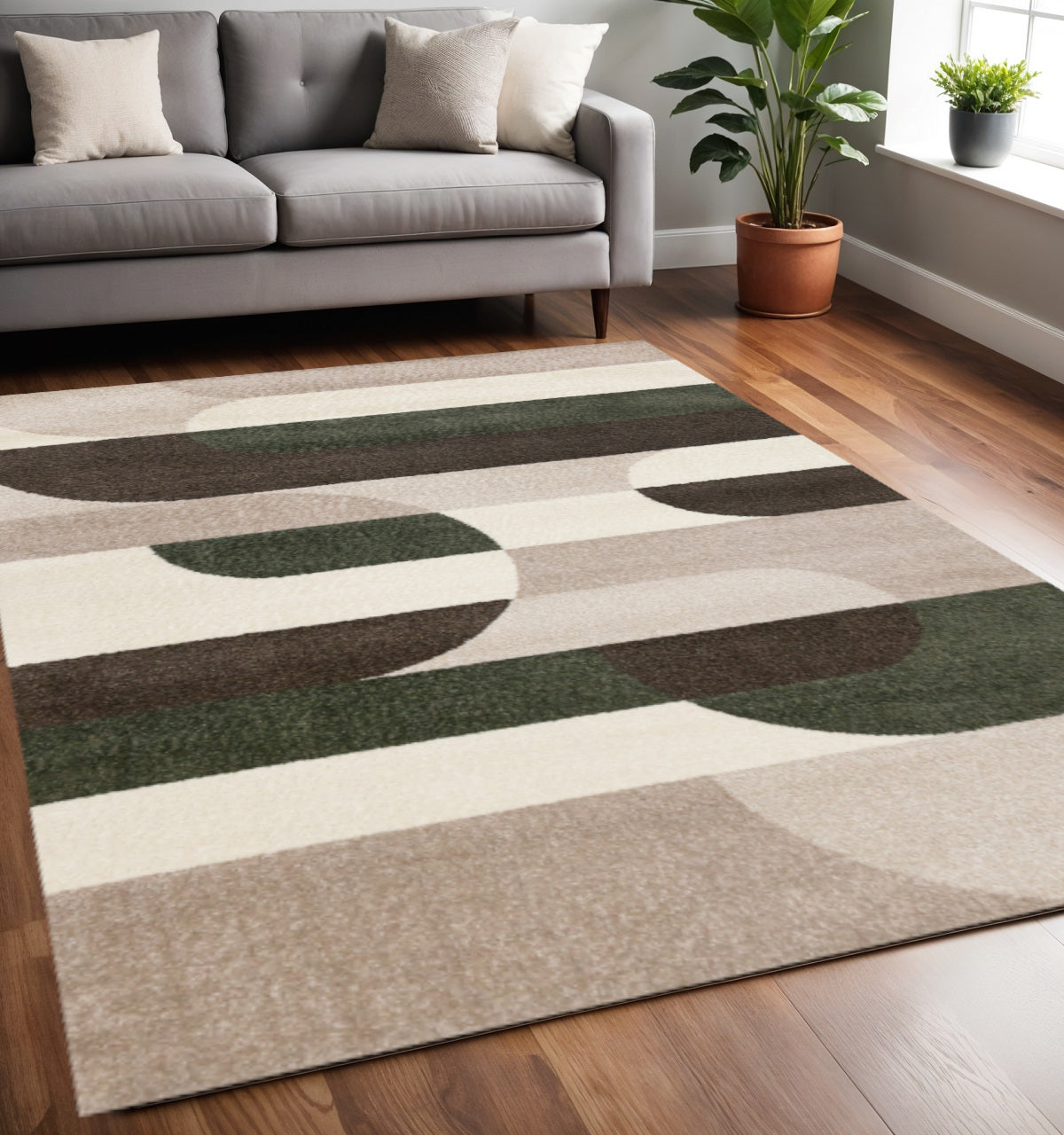 5' X 8' Cream Green And Brown Geometric Area Rug - Home & Garden
