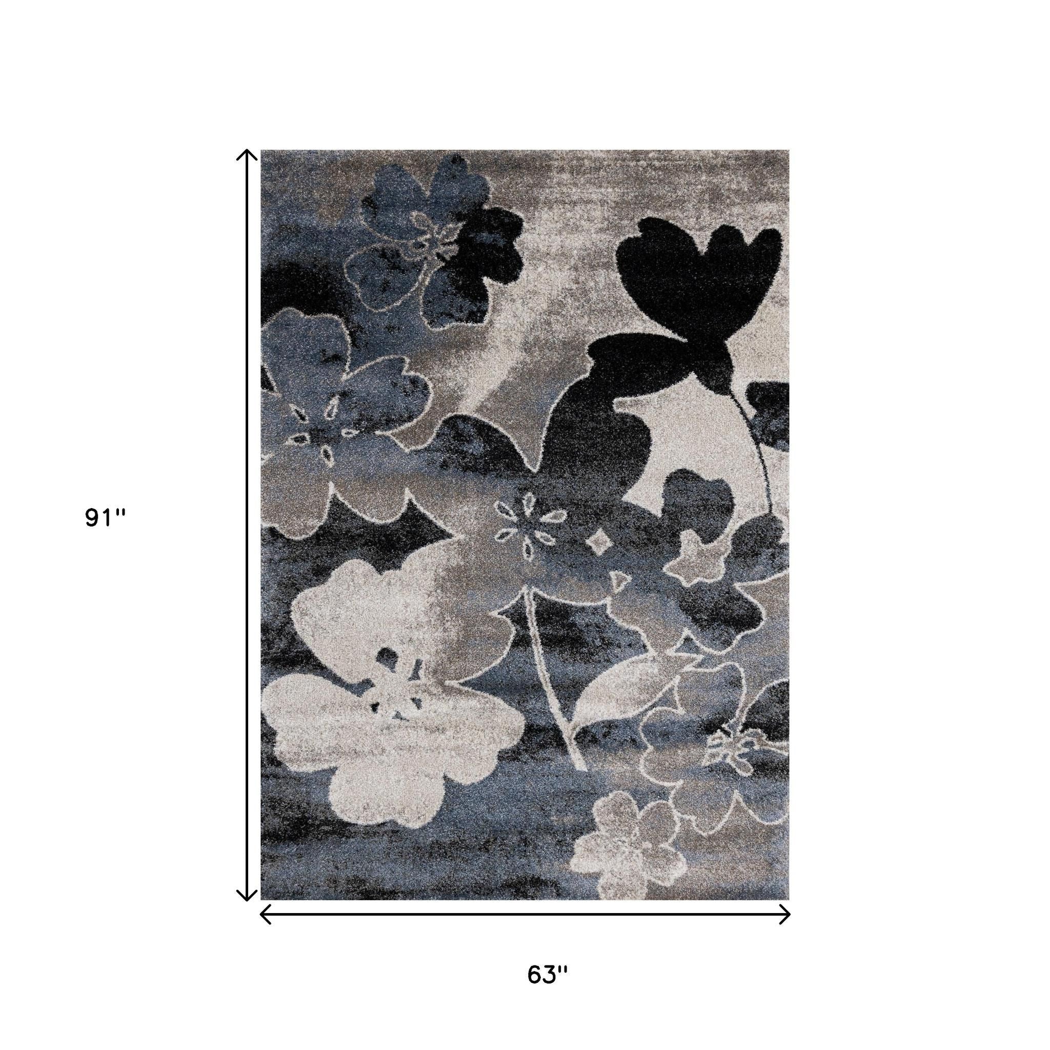 5' X 8' Blue Cream And Black Botanical Leaves Area Rug - Home & Garden