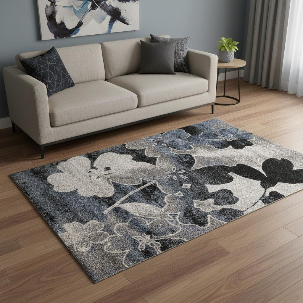 5' X 8' Blue Cream And Black Botanical Leaves Area Rug - Home & Garden
