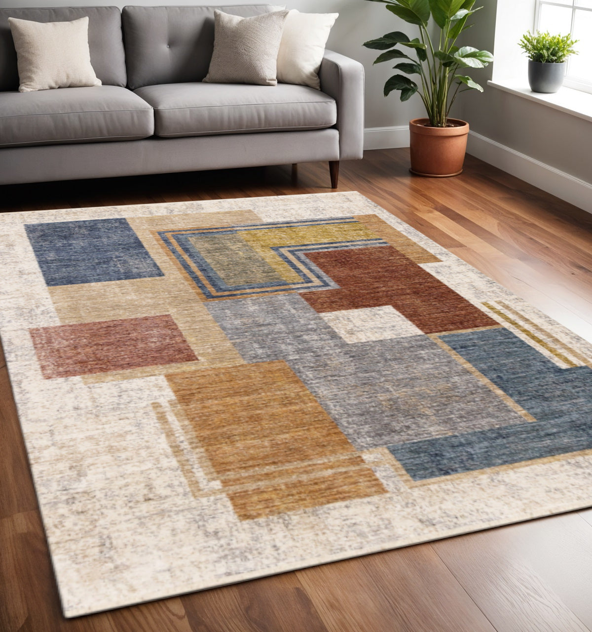 5' X 8' Cream Blue And Brown Geometric Area Rug - Home & Garden
