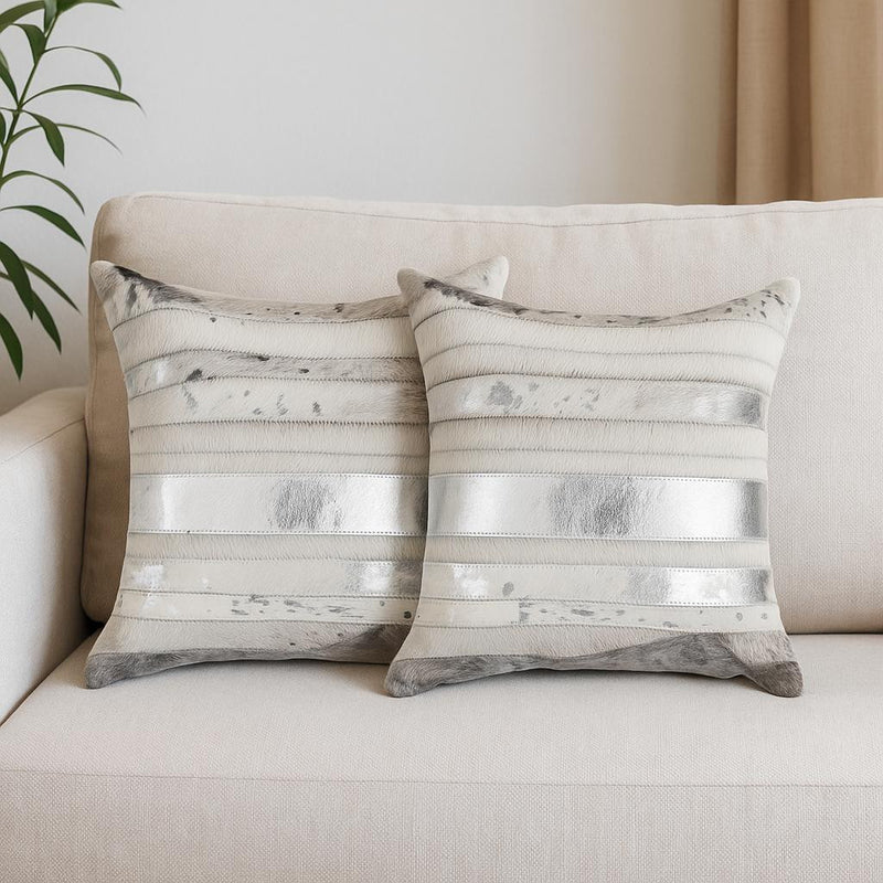 Set of Two 18" Silver And Gray Cowhide Throw Pillows - Home Decor